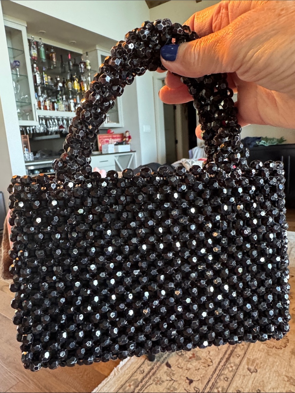 Vintage Black Beaded Small Wrist Purse Made In Hong Kong Gala Ball Black Tie